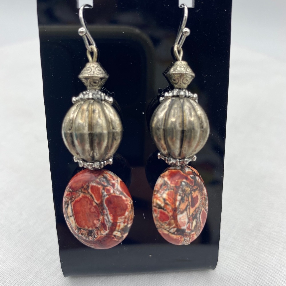 Red Silver Jasper Stone Ribbed Bead Drop Earrings Boho Earthy Gypsy Tribal Artsy